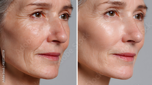 Before After anti aging face photo skin spa treatment older woman 40s 50s menopause wrinkles fine line saggy jowls afterwards smooth glowing younger firm microneedling rf therapy LED laser treatment