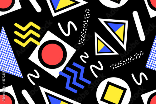 Memphis design seamless repeat pattern. Memphis 80s geometric colorful creative design vector illustration. For textile, texture, fabric wrapping, decorative, wallpaper, shirts, clothing, tablecloth