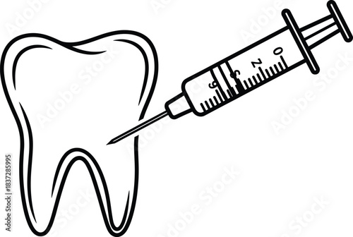 Dental anesthesia illustration showing syringe injecting tooth, suitable for dentistry, oral care, dental clinic and medical procedure visuals.