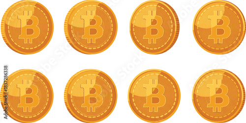 Golden bitcoin coin vector illustration representing digital currency, cryptocurrency assets, blockchain technology, virtual money, and financial investment concepts.