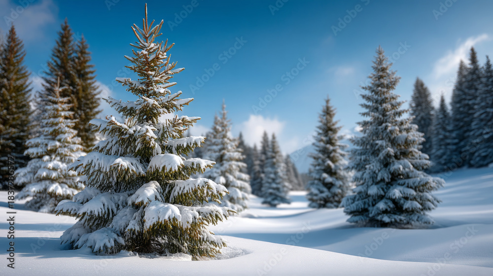 Naklejka premium Tranquil winter landscape of snow-covered pine trees in a serene forest