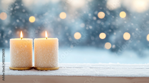 Cozy winter scene with glowing candles in vintage brass holders on snowy window sill