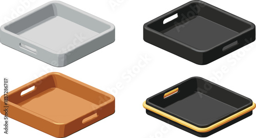 Isometric vector illustration of modern square serving trays in multiple colors, perfect for kitchen, food presentation, and home organization designs.