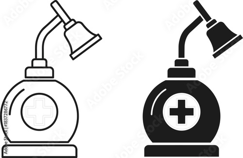 Medical suction pump icon set with outline and solid versions, healthcare vacuum device symbol for hospitals and emergency equipment.
