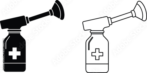 Medical spray bottle icon with pump nozzle in solid and outline style for healthcare, first aid, and disinfectant design.