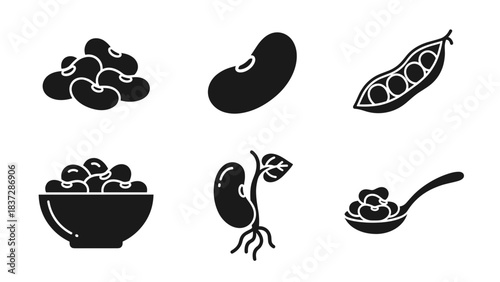 Set of six black silhouette icons representing various bean forms