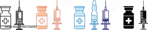 Medical syringe and vaccine vial icons in multiple styles for healthcare, injection, immunization, pharmacy, and hospital illustrations.