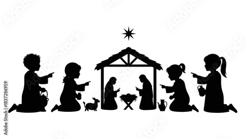Silhouette of children kneeling around nativity scene