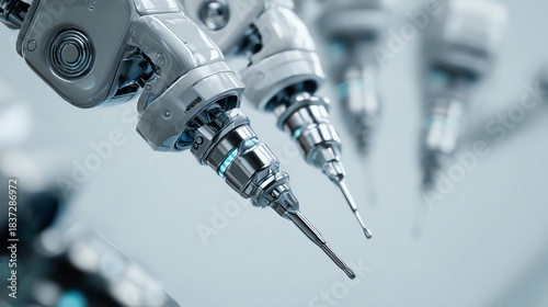 Closeup of robotic surgical instruments during liver operation, isolate white background