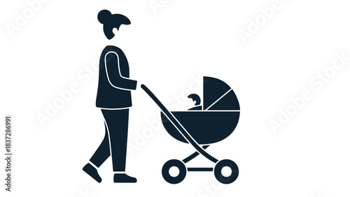 Silhouette of mother pushing baby in modern stroller