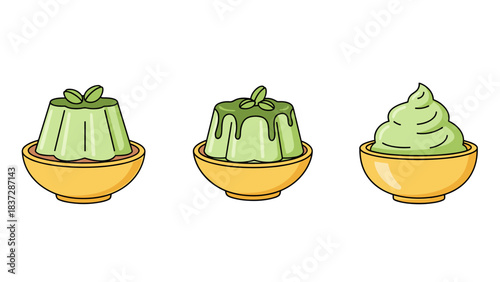 Three variations of green matcha pudding dessert in yellow bowl