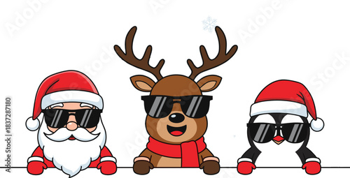 Cool Cartoon Santa Claus, Reindeer, and Penguin Wearing Sunglasses and, Winter Holidays, Fun, Humor, Cute