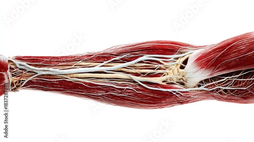 Human arm muscles and veins, isolate white background