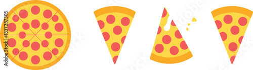 Flat cartoon illustration set of whole pepperoni pizza and slices, including bitten slice, fun food graphics perfect for menus, icons and branding