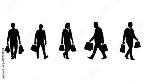 Silhouette of five diverse shopper figure with shopping bag