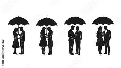 Collection of four couple silhouette icons under umbrella