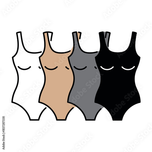 Collection of four basic one-piece swimsuits in different colors lined up