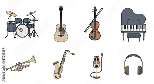 Collection of musical instrument icons for music and sound