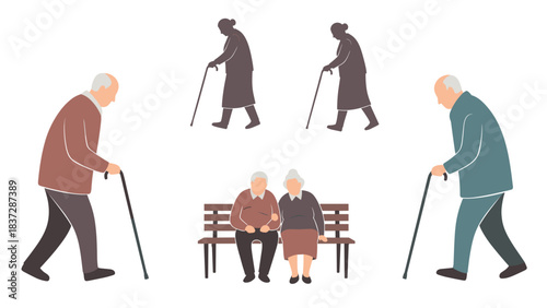 Collection of elderly people silhouettes and illustrations