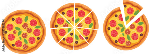 Flat cartoon illustration set of whole pepperoni pizza, sliced pizza, and pizza with missing slice, perfect for menus, food graphics, and branding
