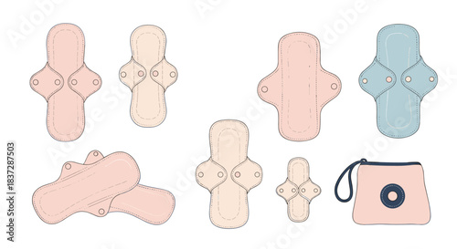 Set of reusable cloth menstrual pads in various sizes and colors promoting a zero waste and sustainable feminine hygiene.