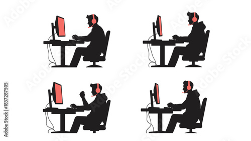 Silhouette set of gamer or computer user sitting at desk