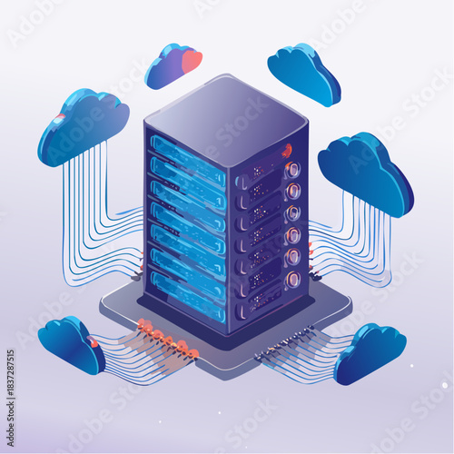 Cloud computing concept with a central server connected to surrounding clouds via cables, symbolizing data transfer and network infrastructure