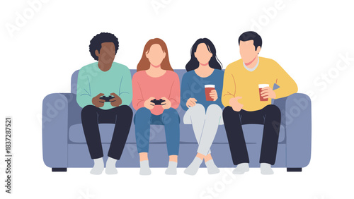 Four young adult friend playing video game together on sofa