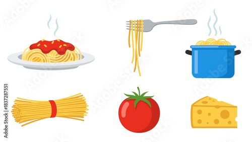 Set of spaghetti cooking ingredients and prepared pasta