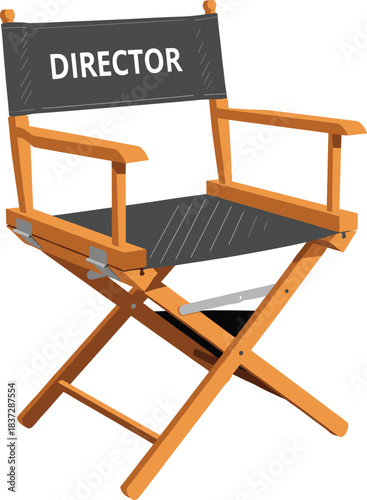 Realistic wooden director’s chair vector illustration with fabric seat and backrest, perfect for filmmaking, studio production, and movie set designs.