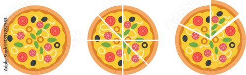 Flat cartoon illustration set of whole pepperoni pizza, sliced pizza, and pizza with missing slice, perfect for menus, food graphics, and branding