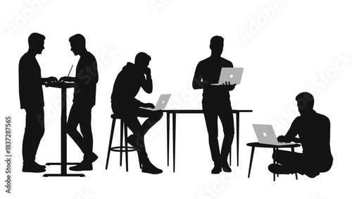 Silhouette of diverse people working on laptop computer