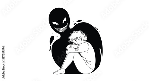 Concept illustration about fear and anxiety showing a person huddled in fear from a large scary monster shadow behind them.