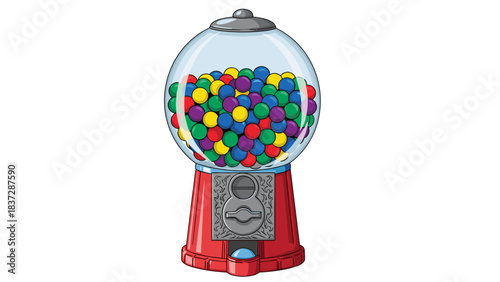 Classic red gumball machine filled with colorful candy