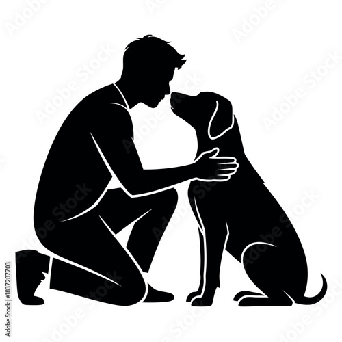 A man lovingly kneels and embraces his faithful dog in a tender moment.