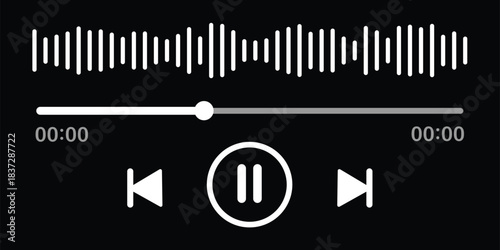 Music or video play bar icon on black background. Audio player for songs or podcast playlist. Play or pause button