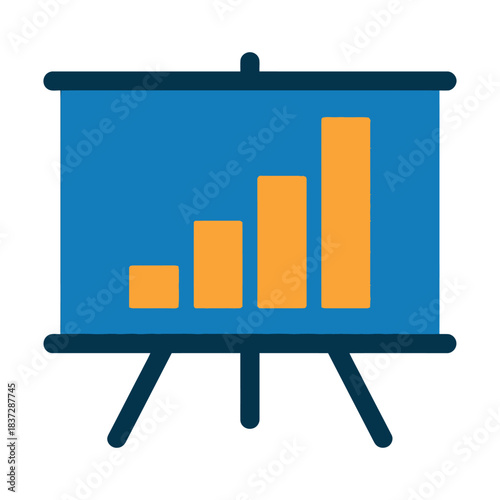 A business presentation shows a growing bar chart on a blue screen.