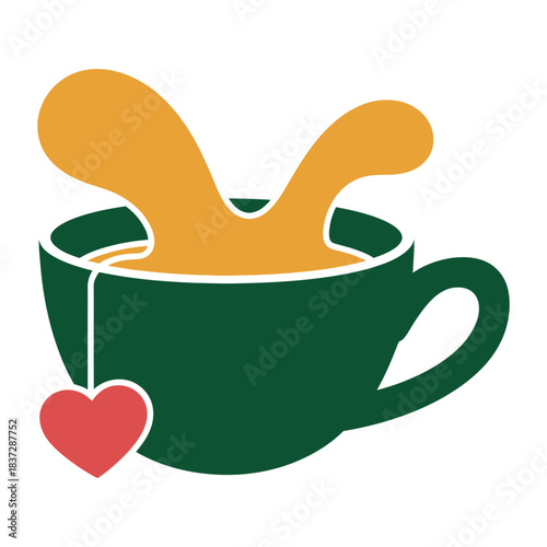 A green teacup spills a splash of orange liquid with a red heart tag.