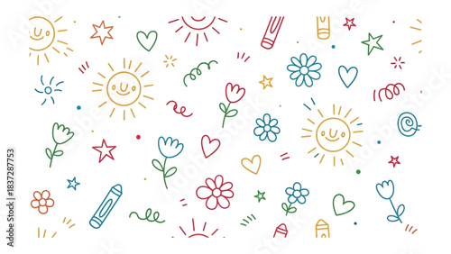 Playful Doodle Pattern: Cheerful hand-drawn doodles, including suns, stars, hearts, and flowers, create a vibrant and imaginative pattern. 