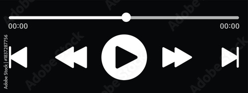 Music or video play bar icon. Audio player for songs or podcast playlist. Play, shuffle, repeat, rewind and fast forward buttons. Template of media player playback panel interface.