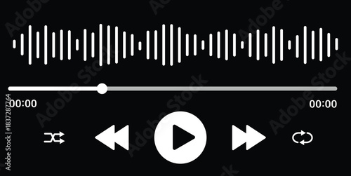 Music or video play bar icon. Audio player for songs or podcast playlist. Play, shuffle, repeat, rewind and fast forward buttons. Template of media player playback panel interface.