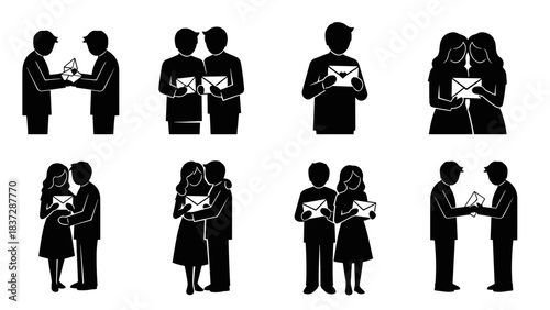 Set of silhouette icons showing people exchanging or holding letter