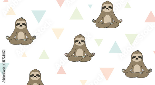 Seamless repeating pattern of cute cartoon sloths meditating in a yoga lotus pose on a background of pastel colored triangles.