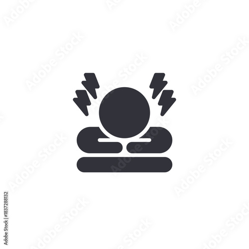 Pain relief therapy icon showing patient discomfort management, physiotherapy treatment, muscle relaxation, and healing process.