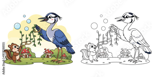 Cute cartoon squirrel and blue heron bird playing with soap bubbles. Vector illustration of animal friends in a fairy tale forest with mushroom houses.