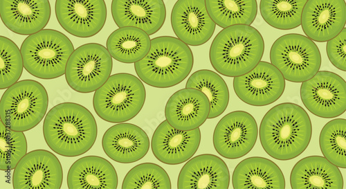Bright and fresh background illustration filled with scattered green kiwi slices of various sizes creating a vibrant fruit pattern.