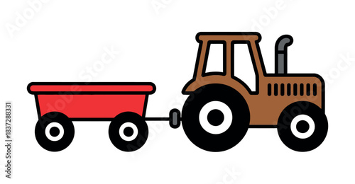 A cartoon tractor with a red trailer is depicted on a white background.
