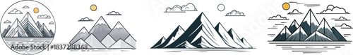 Mountain range line art with bold strokes forming tidy scenic composition ideal for adventure themed illustration work