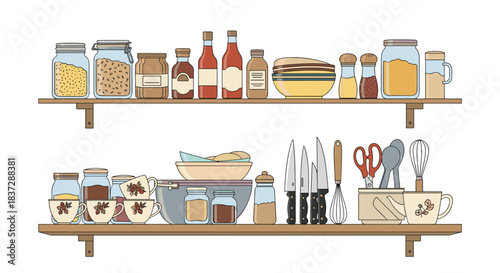 Two wooden kitchen shelves fully stocked with colorful jars of food spices utensils bowls and other cooking essentials on white.