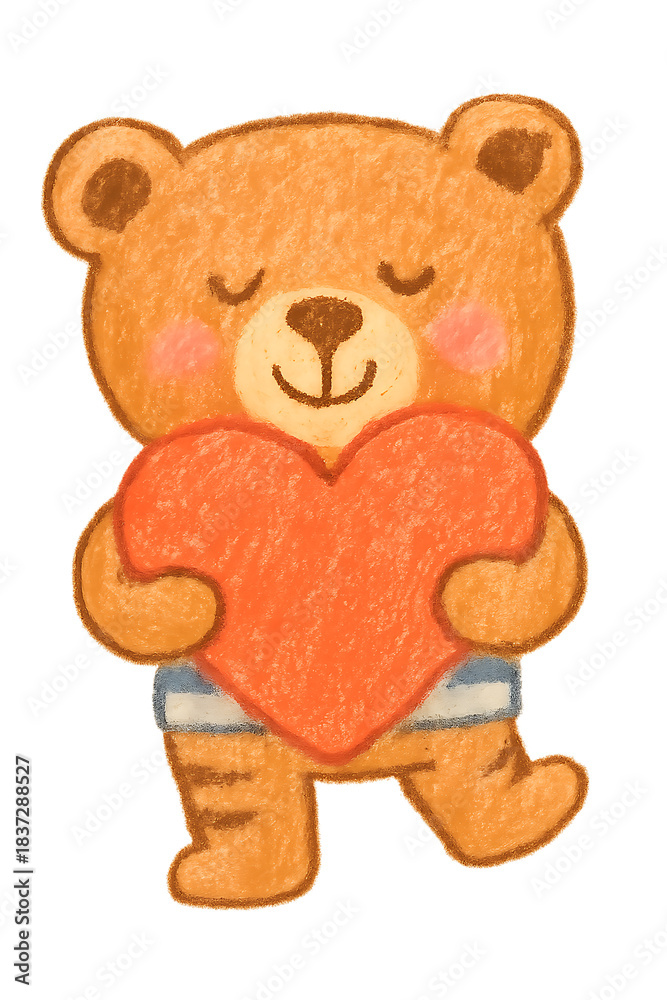 Fototapeta premium Adorable Hand-Drawn Teddy Bear Illustration for Valentine Greeting Cards — Cute Brown Bear with Pink Cheeks Standing in Striped Shorts, Holding a Heart with Closed Eyes in a Playful